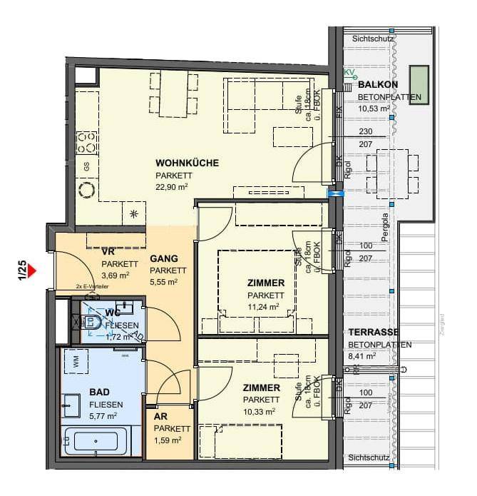 Detaillierter Grundriss einer Wohnung mit Wohnküche, zwei Zimmern, Bad, WC, Balkon und Terrasse.