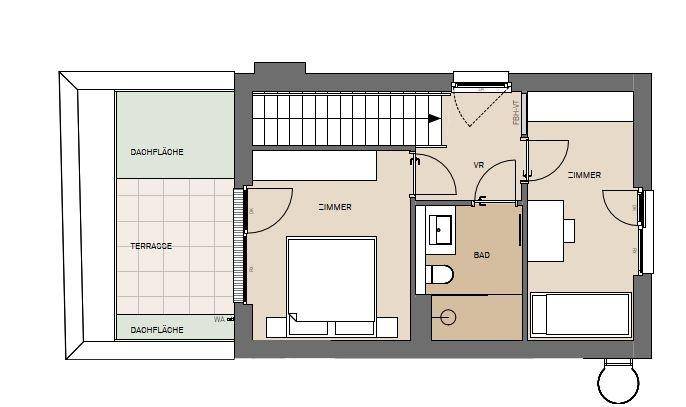 Grundriss des Obergeschosses mit Schlafzimmern, Badezimmer, Vorraum und einer Dachterrasse.