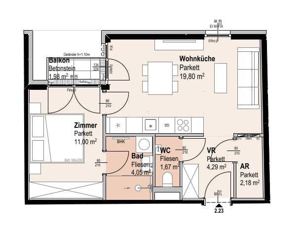 Grundriss einer Wohnung mit offener Wohnküche, Schlafzimmer, Bad, separatem WC und Balkon.