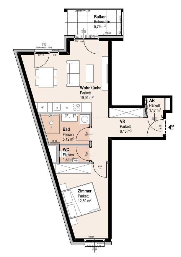Grundriss einer Wohnung mit offener Wohnküche, einem Schlafzimmer, Bad, separatem WC und Balkon.