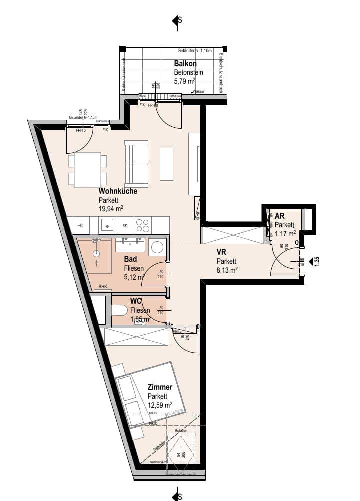 Detaillierter Grundriss einer Wohnung mit Wohnküche, Bad, WC und Balkon.