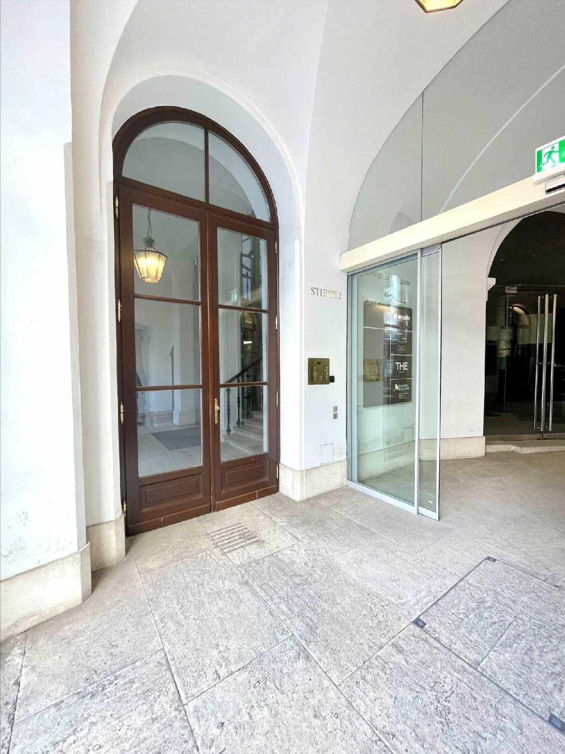 Historischer Gebäudeeingang mit großen Holztüren und modernem Glasportal.