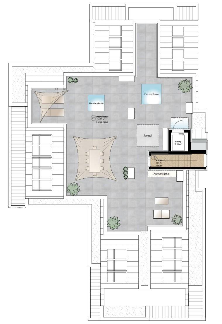 Grundriss der Dachterrasse mit Essbereich, Jacuzzi und Außenküche für luxuriöses Wohnen.