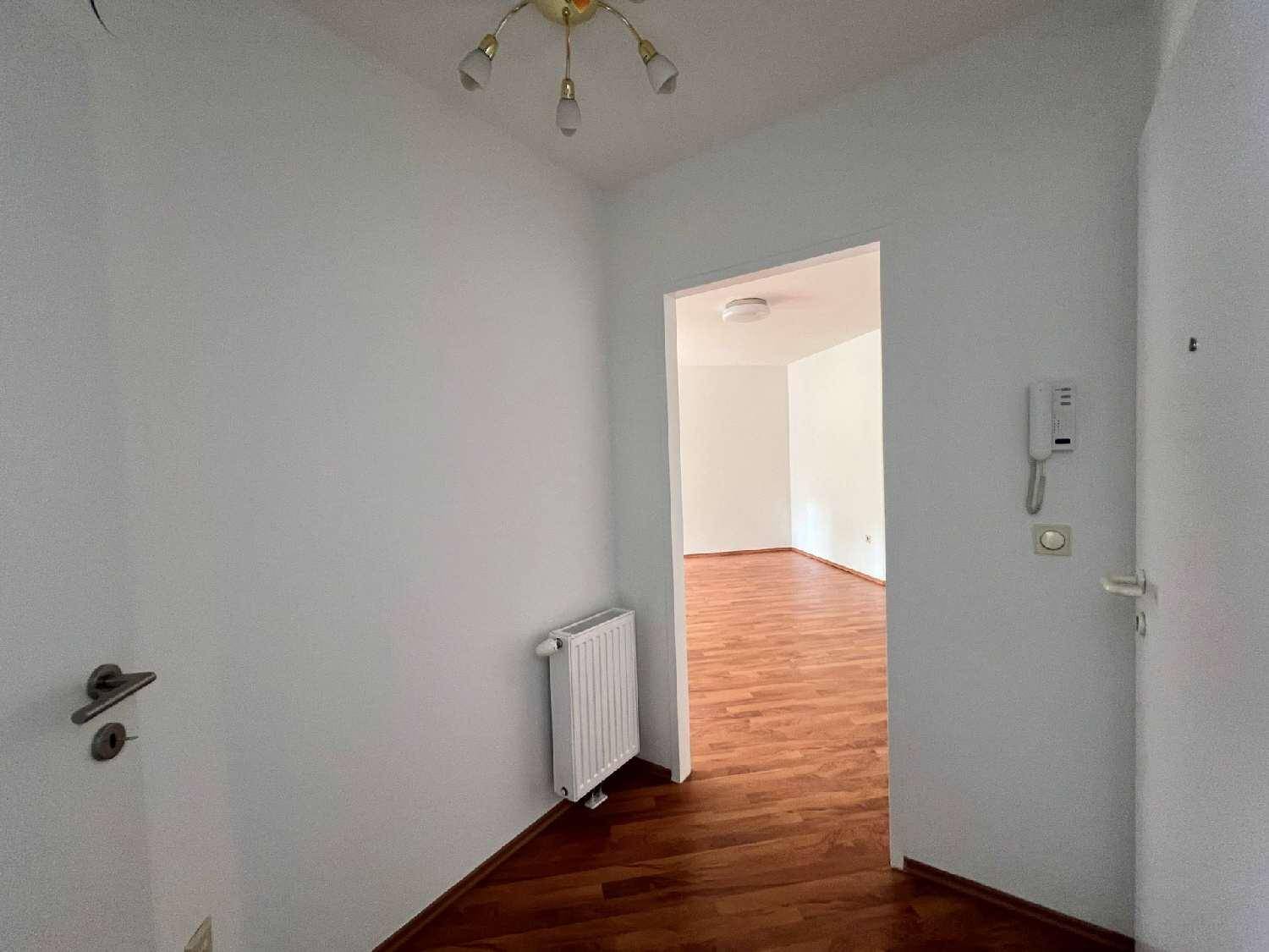 Eingangsbereich mit Holzboden, Heizkörper und Gegensprechanlage, der in einen weiteren Raum führt.