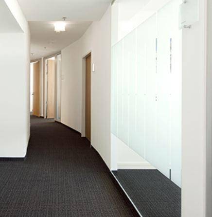 Geschwungener Flur mit Teppichboden, weißen Wänden und Milchglas-Trennwänden zu Büros.