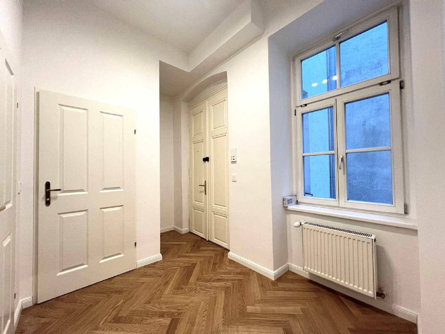 Eingangsbereich mit Fischgrätparkett, einer Tür und einem Fenster mit Heizkörper darunter.