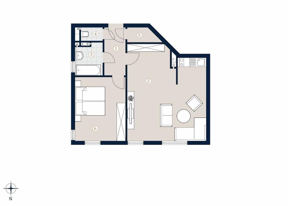 Detaillierter Grundriss einer Wohnung mit Schlafzimmer, Bad, WC und offenem Wohn-Küchenbereich.