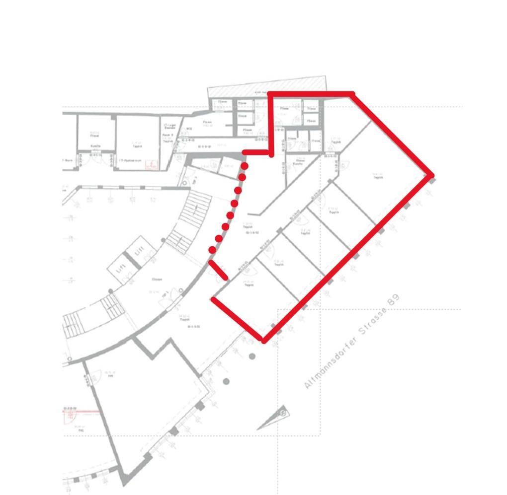 Grundriss eines Gebäudeteils mit rot markiertem Bereich, der verschiedene Räume und einen offenen Layout-Ansatz zeigt.
