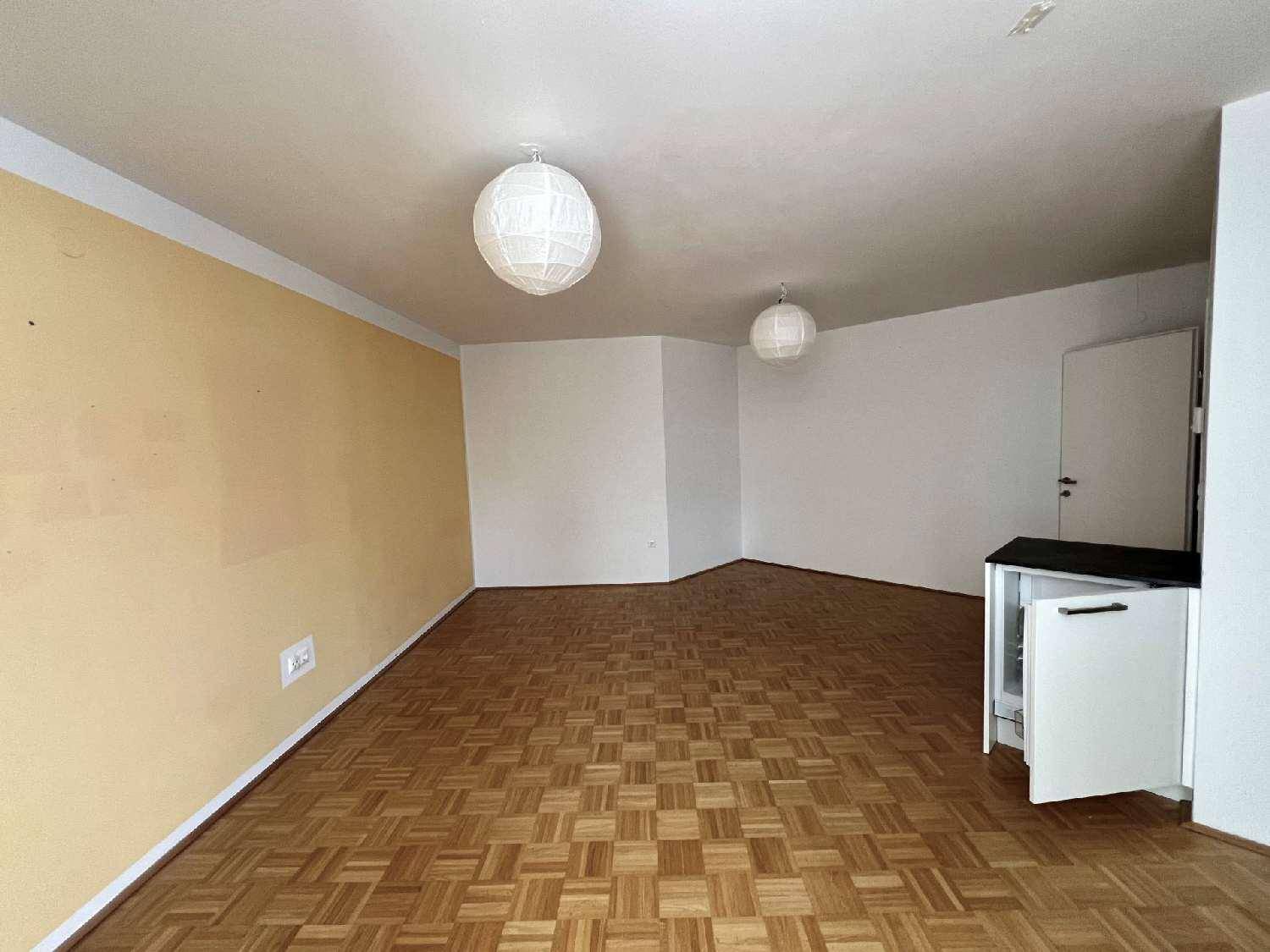 Geräumiger Wohnbereich mit Parkettboden und einer markanten gelben Wand, ideal für individuelle Einrichtung.