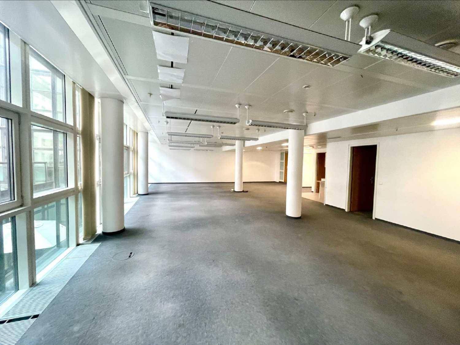 Heller Büroraum mit großen Fenstern, Säulen und Teppichboden, ideal für flexible Arbeitsplatzgestaltung.