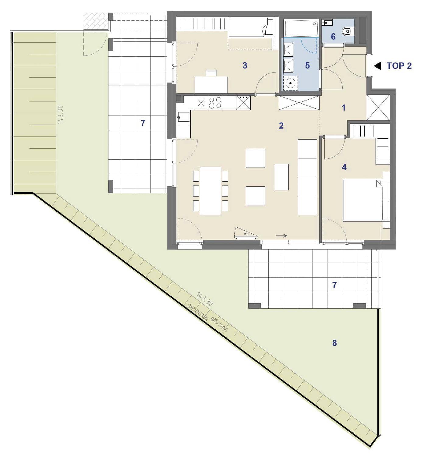 Detaillierter Grundriss einer Wohnung mit offenem Wohnbereich, Terrasse und privatem Garten.