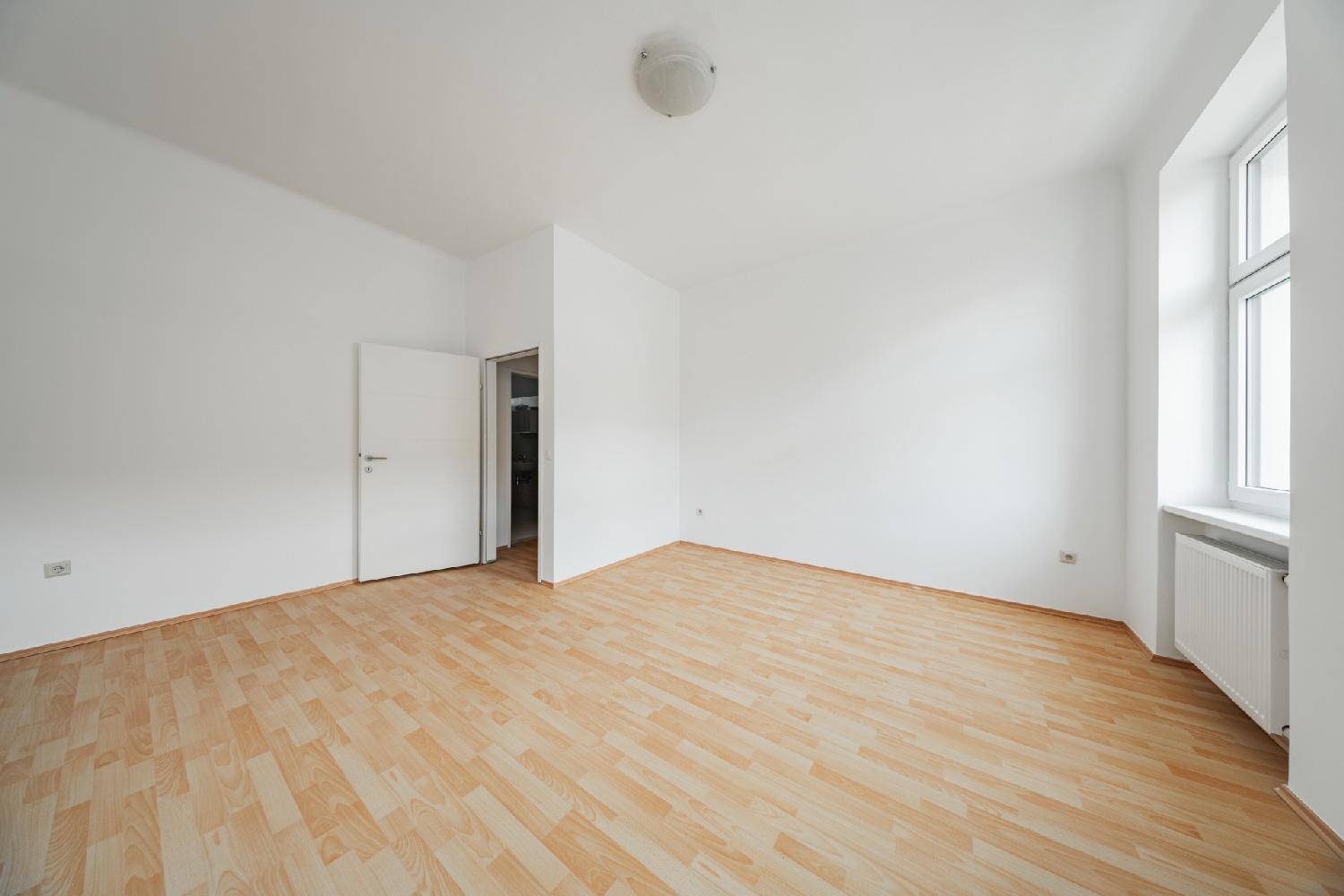 Großzügiger, heller Raum mit Laminatboden und weiß gestrichenen Wänden, bereit zum Einzug.