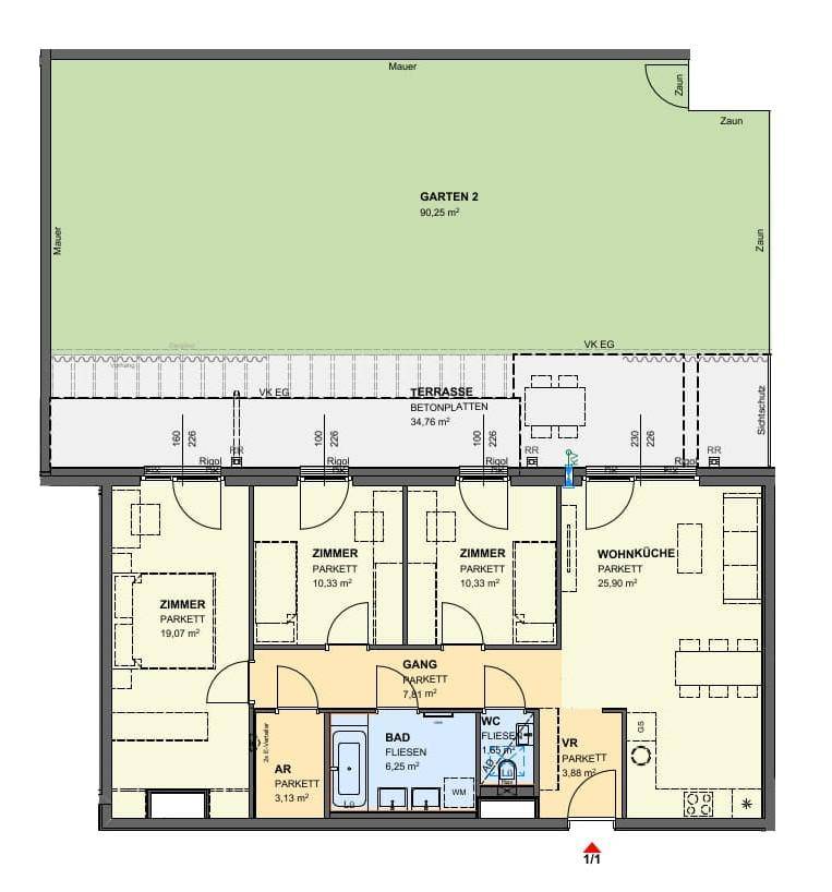 Grundriss einer Erdgeschosswohnung mit Terrasse und großem Gartenanteil.
