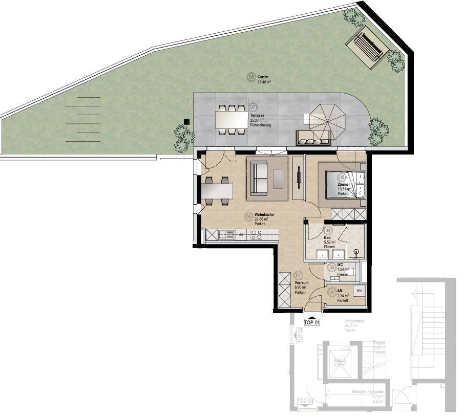 Grundriss einer Wohnung mit offener Wohnküche, Terrasse und Gartenanteil.