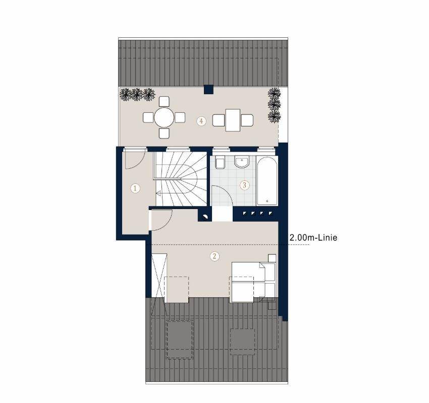Grundriss des Dachgeschosses mit großer Dachterrasse, Badezimmer und Räumen unter dem Schrägdach.