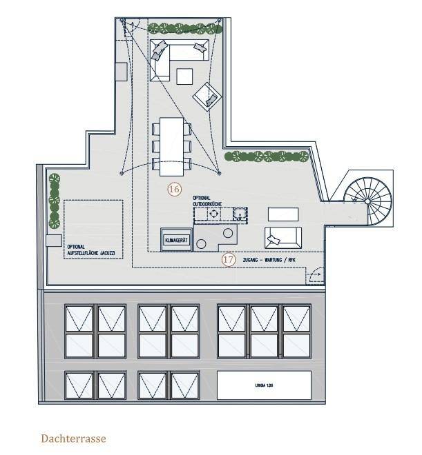 Grundriss einer großzügigen Dachterrasse mit optionaler Außenküche, Whirlpool-Stellfläche und Sitzbereichen.