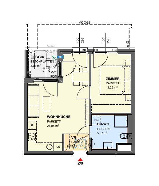 Grundriss einer Wohnung mit Wohnküche, Zimmer, Dusch-WC und Loggia.
