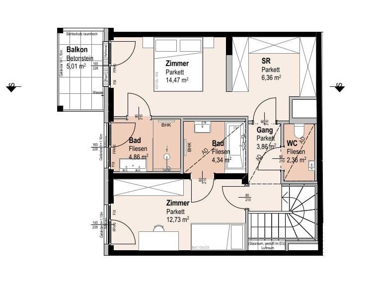 Obergeschoss-Grundriss mit zwei Schlafzimmern, zwei Bädern und einem Balkon für zusätzlichen Wohnraum.