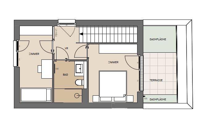 Grundriss des Obergeschosses mit zwei Zimmern, Bad und Dachterrasse.