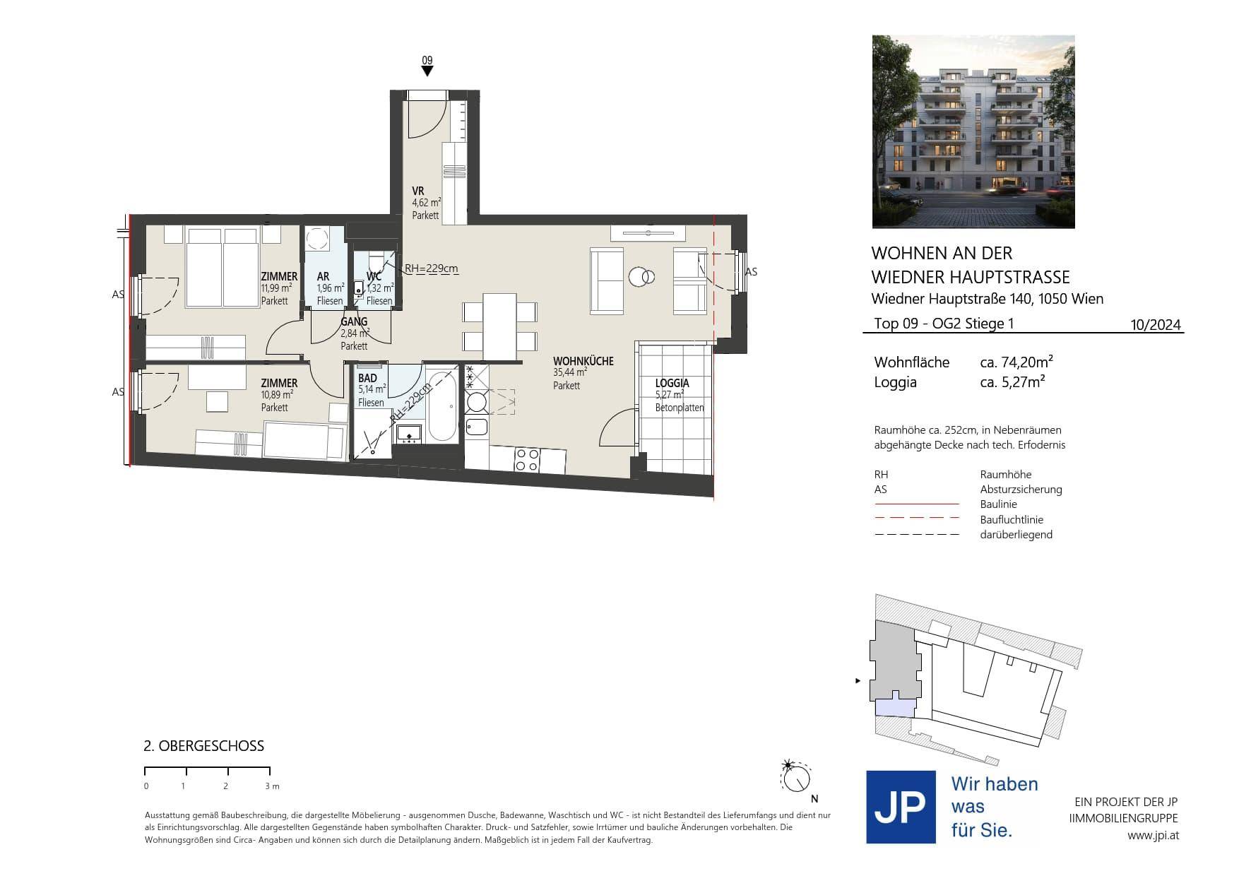 Grundriss einer Wohnung im zweiten Obergeschoss mit Loggia und zwei Schlafzimmern.