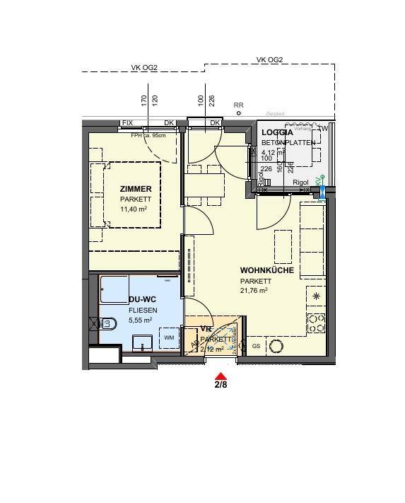 Grundriss einer Wohnung mit Schlafzimmer, Wohnküche, Dusch-WC und Loggia.