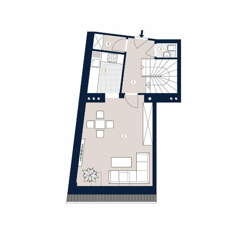 Grundriss einer Wohnung mit offenem Wohn-Essbereich, integrierter Küche, separatem WC und Zugang zu einem Balkon.