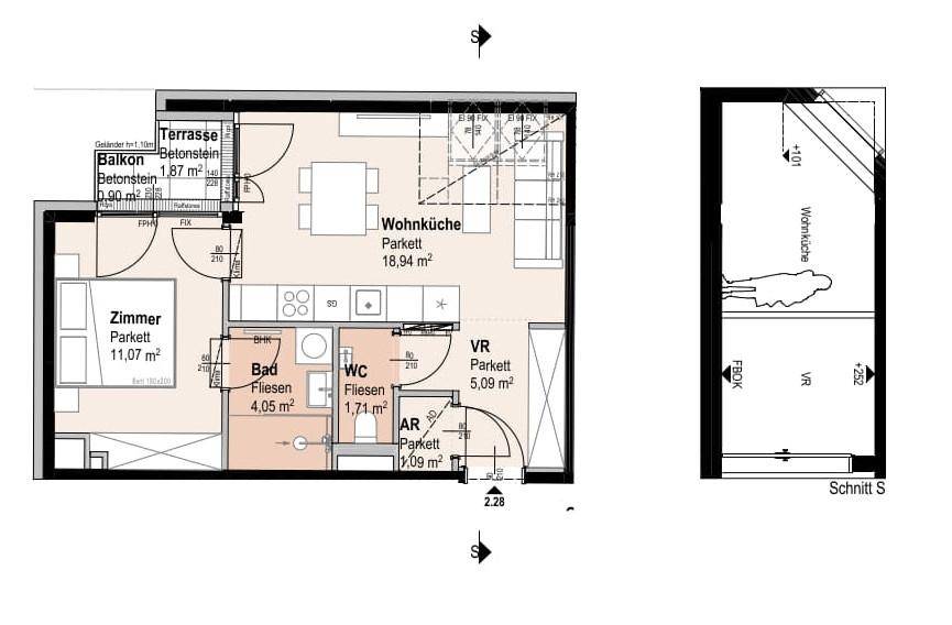 Grundriss einer Wohnung mit offener Wohnküche, einem Schlafzimmer, Bad, separatem WC, Abstellraum, Balkon und Terrasse.
