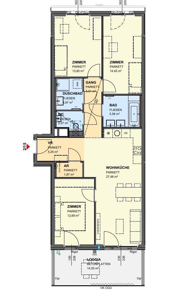 Detaillierter Grundriss einer Wohnung mit drei Zimmern, Loggia und offenem Wohnküchenbereich.