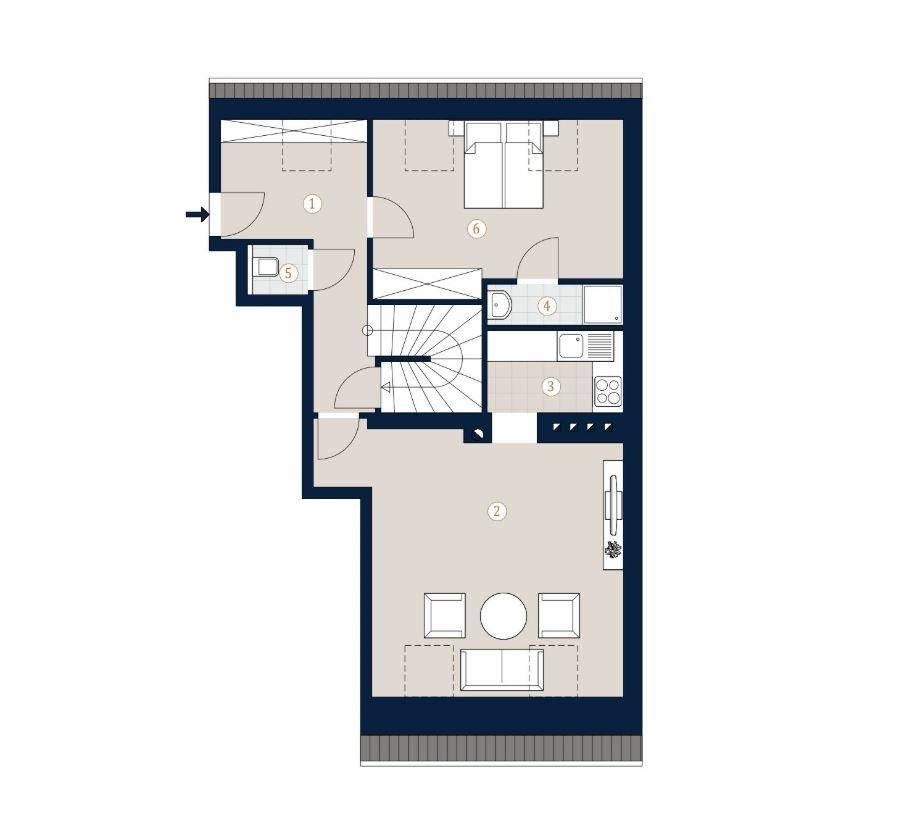 Grundriss einer Wohnung mit offenem Wohnbereich, integrierter Küche, Schlafzimmer und Badezimmer mit separatem Gäste-WC.