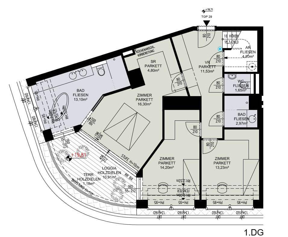 Grundriss des ersten Dachgeschosses mit drei Zimmern, zwei Bädern und einer Loggia.