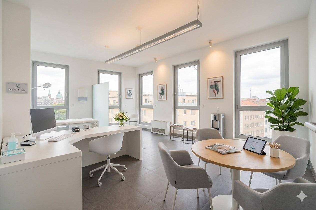 Helles und modernes Büro mit großen Fenstern, Schreibtisch und kleinem Besprechungstisch, bietet viel Tageslicht und Stadtblick.