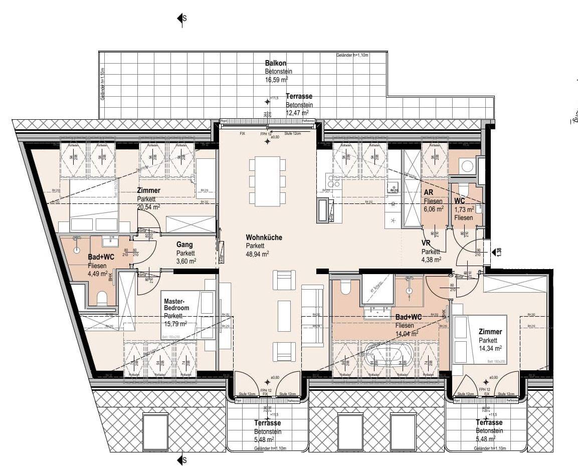 Grundriss einer Wohnung mit großer Wohnküche, mehreren Schlafzimmern, Bädern und Terrassen.