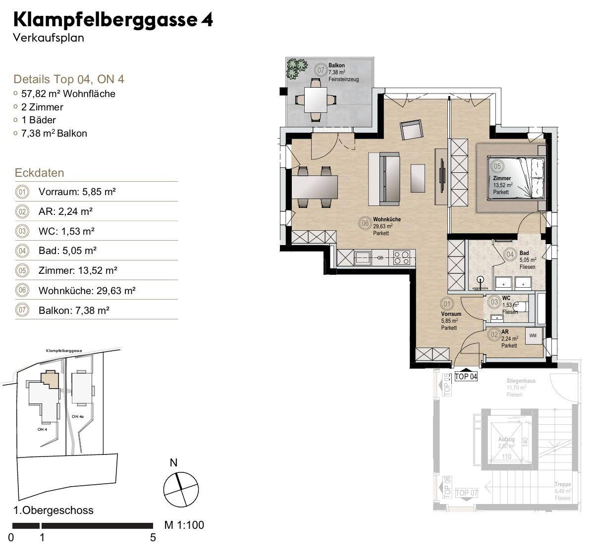 Verkaufsplan der Wohnung Top 04 mit Raumaufteilung, Flächenangaben und Balkon.