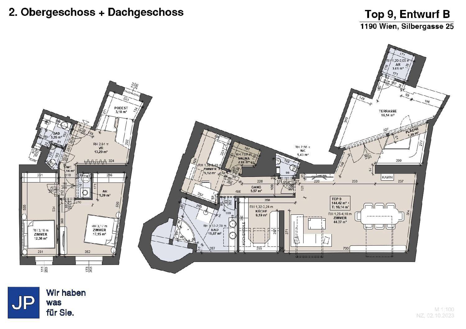 Grundriss des Ober- und Dachgeschosses mit Terrasse und offenem Wohnbereich.