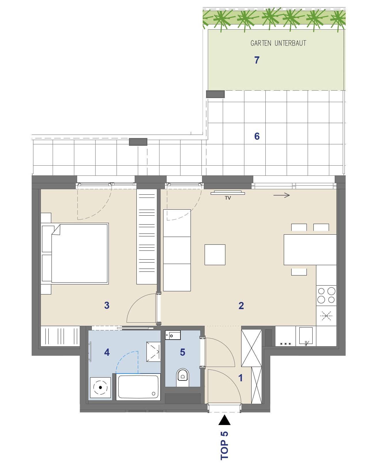 Grundriss einer Wohnung mit einem Schlafzimmer, offenem Wohnbereich, Bad und Terrasse mit Gartenanteil.