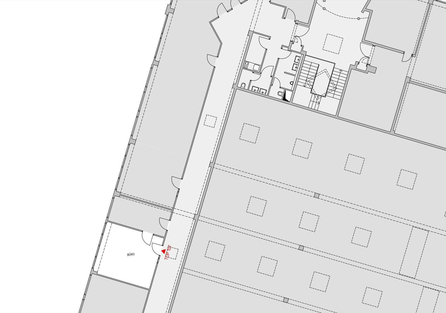 Grundriss zeigt einen Teil eines Bürogebäudes mit mehreren Räumen, einem Treppenhaus und einem Aufzug.