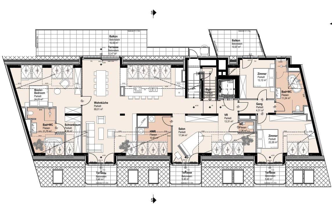 Detaillierter Grundriss einer großen Wohnung mit mehreren Zimmern, Bädern und Terrassen.