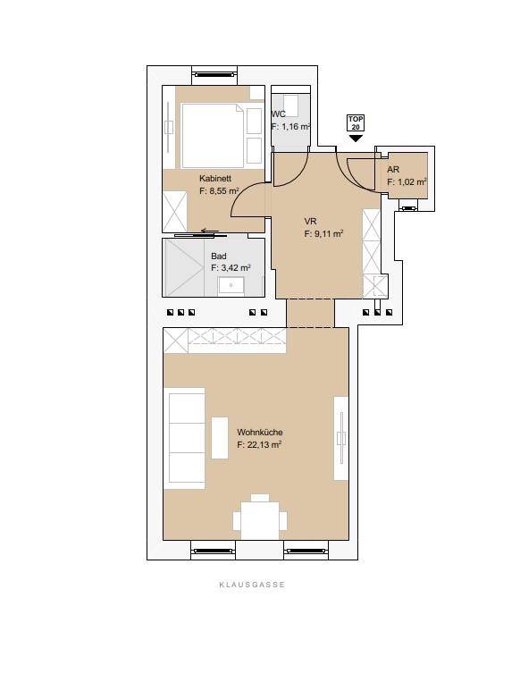 Grundriss einer Wohnung mit Wohnküche, Schlafzimmer, Bad und separatem WC.