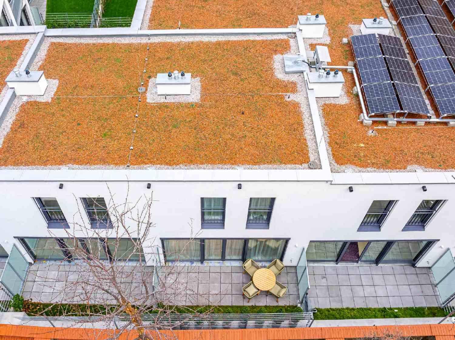 Dachterrasse mit Sitzgelegenheiten und Blick auf begrünte Dächer und Solaranlagen.