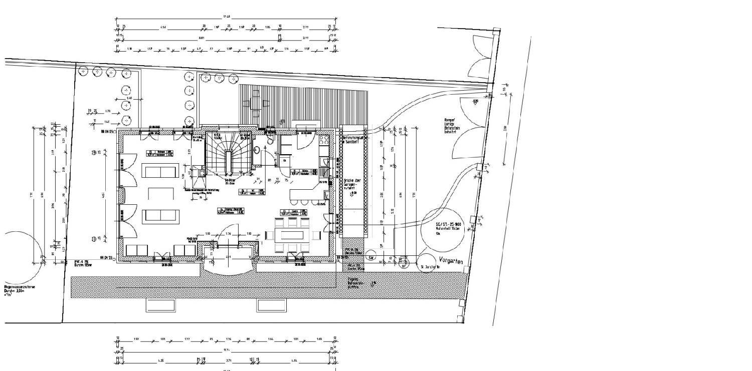 Grundriss des Erdgeschosses mit offenem Wohnbereich, Terrasse und Gartenzugang.