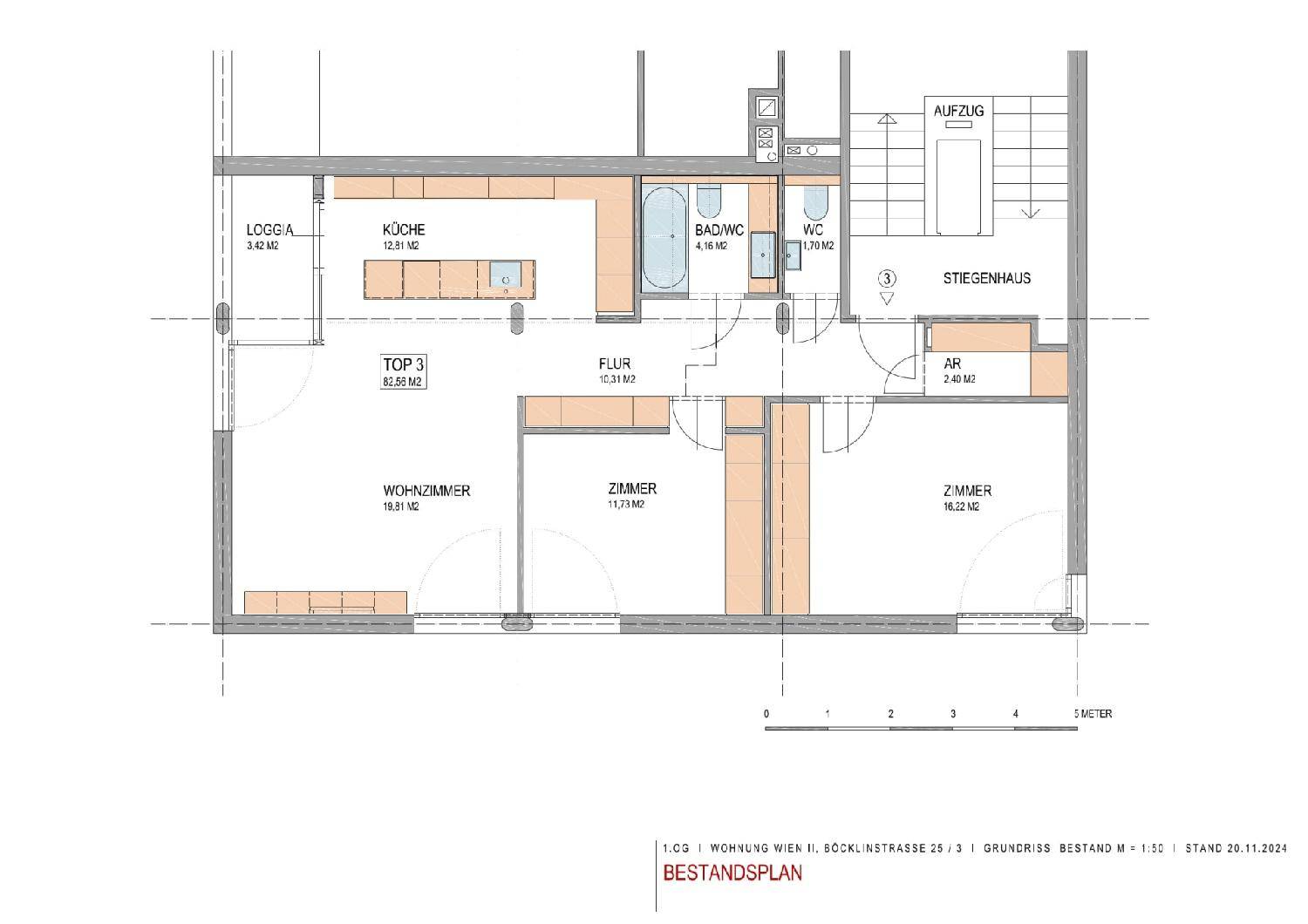 Grundriss der Wohnung mit Wohnzimmer, zwei Zimmern, Küche, Bad und Loggia.