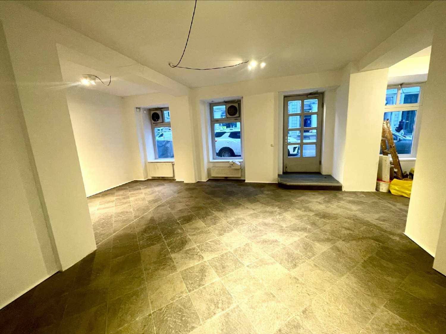 Geräumiger Geschäftsraum mit großen Fenstern zur Straße und Fliesenboden, ideal für ein Ladenlokal.