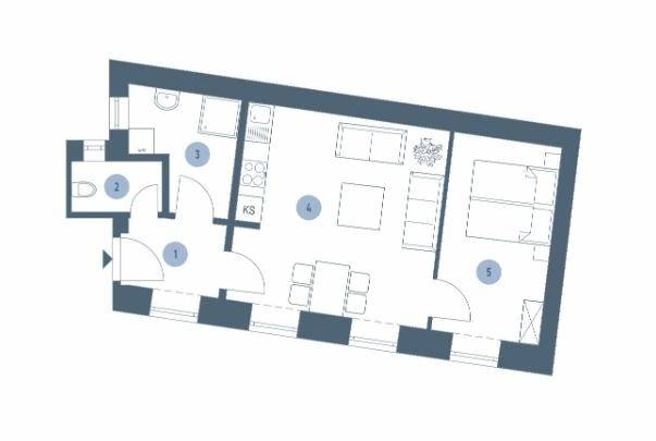Grundriss einer Wohnung mit zwei Zimmern, offener Küche, Balkon und separatem WC.