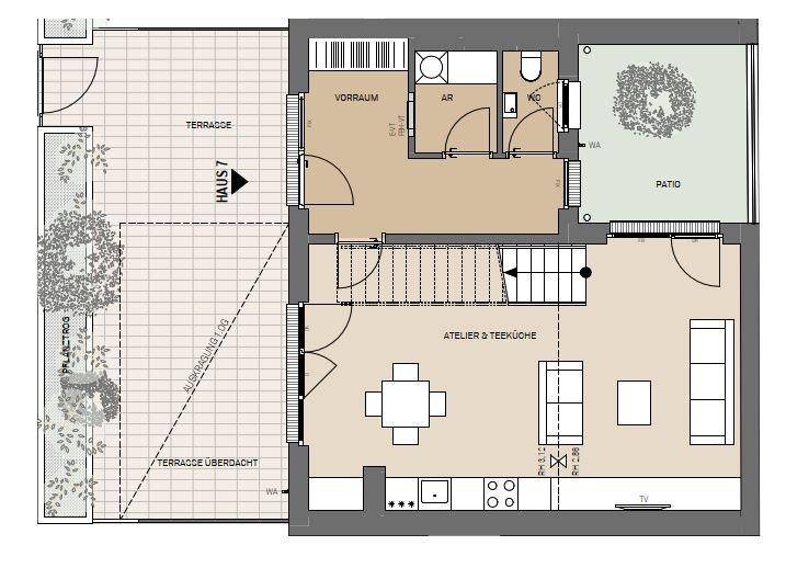 Grundriss des Erdgeschosses mit offener Küche, Wohnbereich und Zugang zur Terrasse.