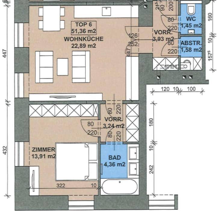 Grundriss der Wohnung mit Wohnküche, Schlafzimmer, Bad und separatem WC.
