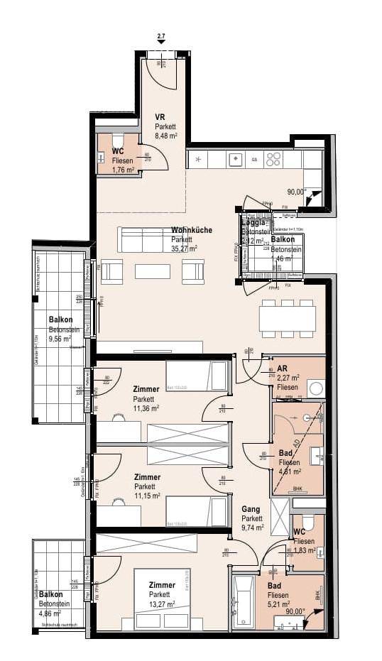 Grundriss einer Wohnung mit offener Wohnküche, drei Zimmern, zwei Bädern und mehreren Balkonen.