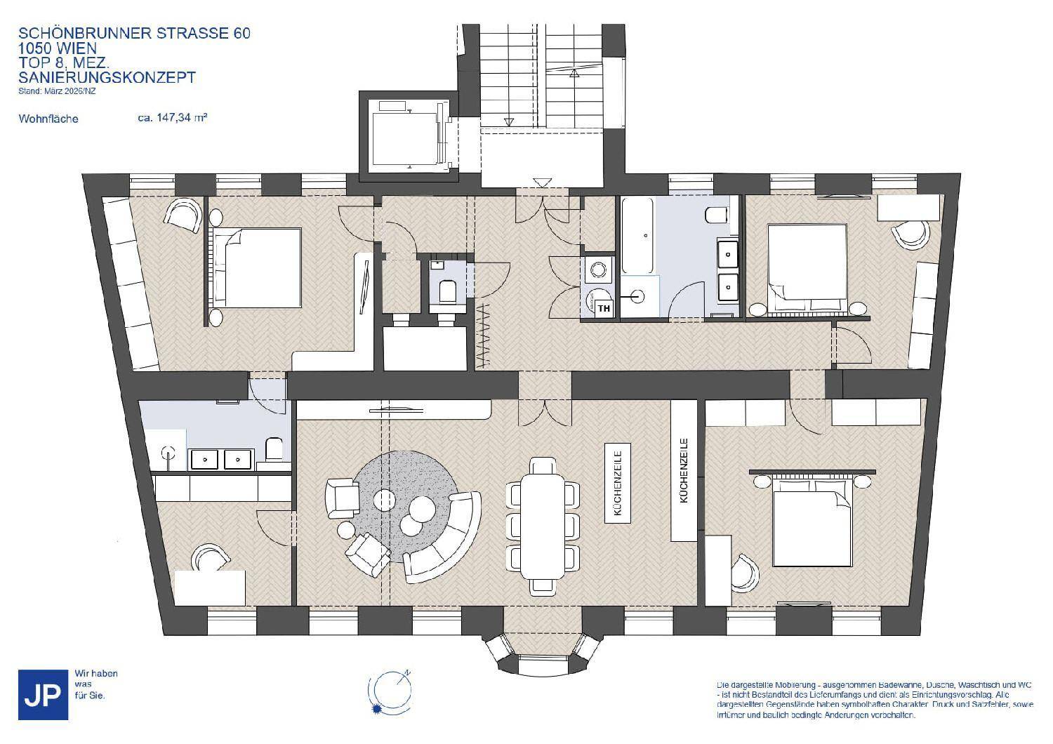 Grundriss einer 147,34 m² großen Wohnung mit offenem Wohnbereich, drei Schlafzimmern und zwei Bädern.