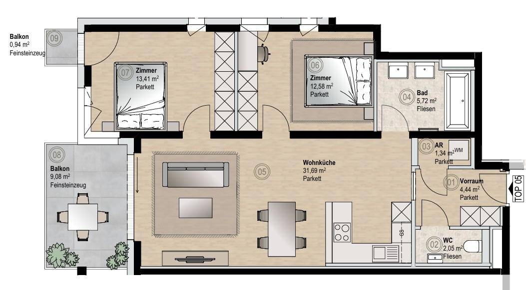 Grundriss einer Wohnung mit zwei Schlafzimmern, offener Wohnküche und zwei Balkonen.