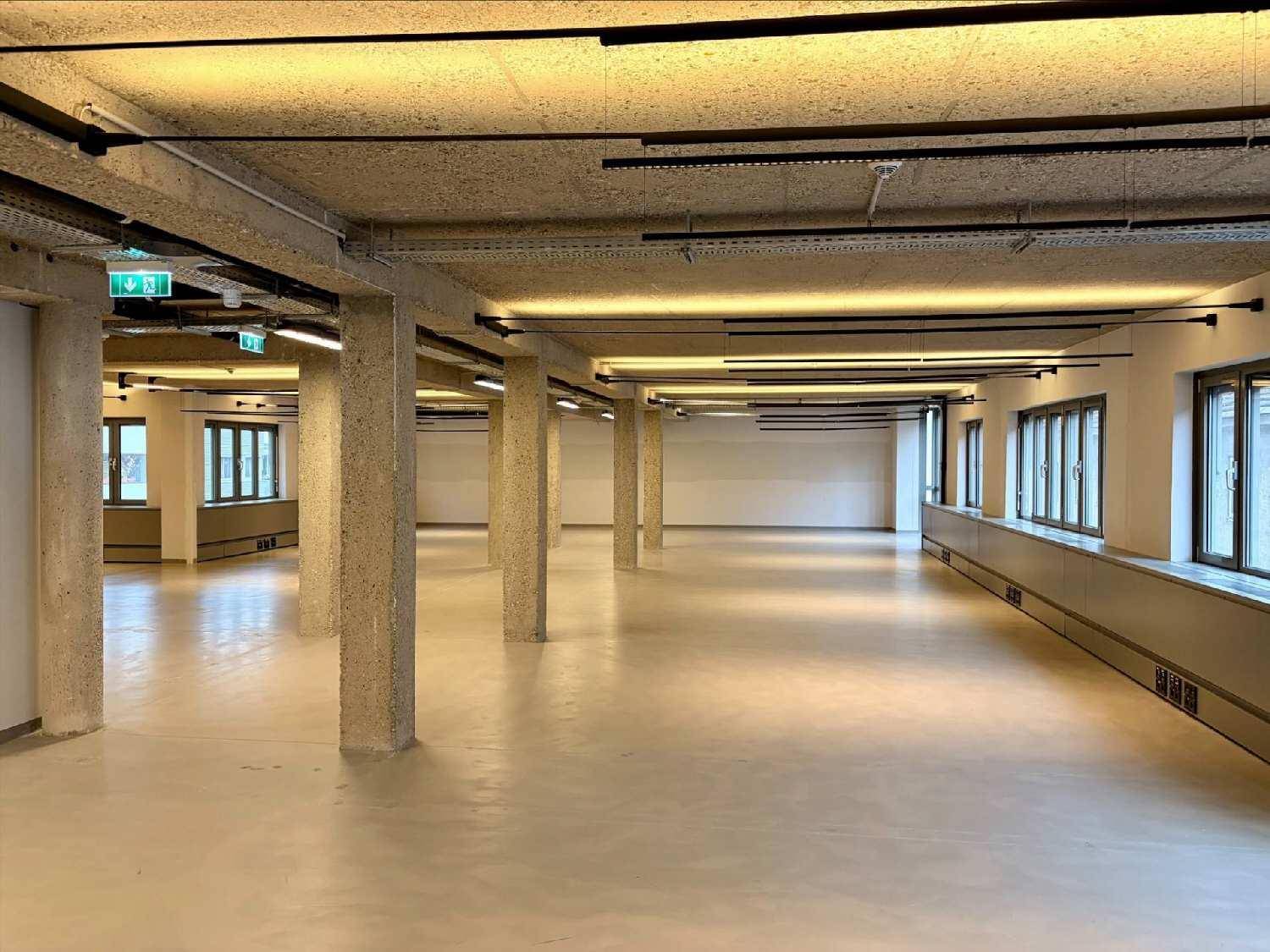 Weitläufiger Büroraum mit Sichtbetondecke, Säulen und integrierter Beleuchtung.