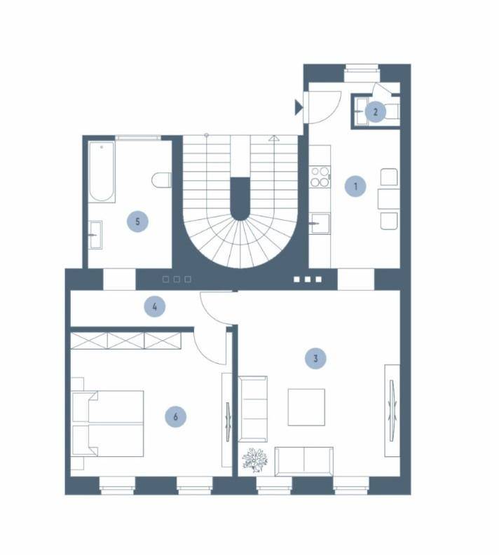 Grundriss einer Wohnung mit separater Küche, Wohnzimmer, Schlafzimmer und Bad.
